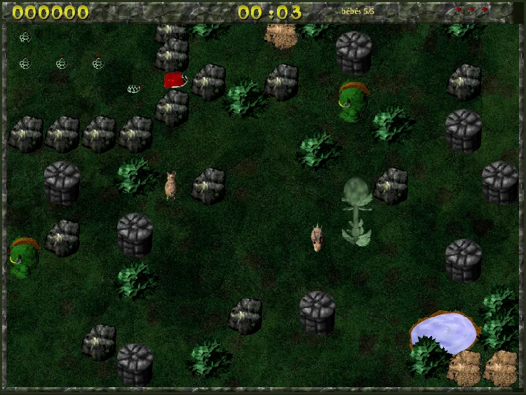 Screenshot: Tort the red turtle among rocks, shrubs and goats, with the pond in the bottom-right corner
